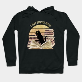 Black Cat reading a banned books, watercolor sunset style, flowers growing from book, cats and books lovers Hoodie